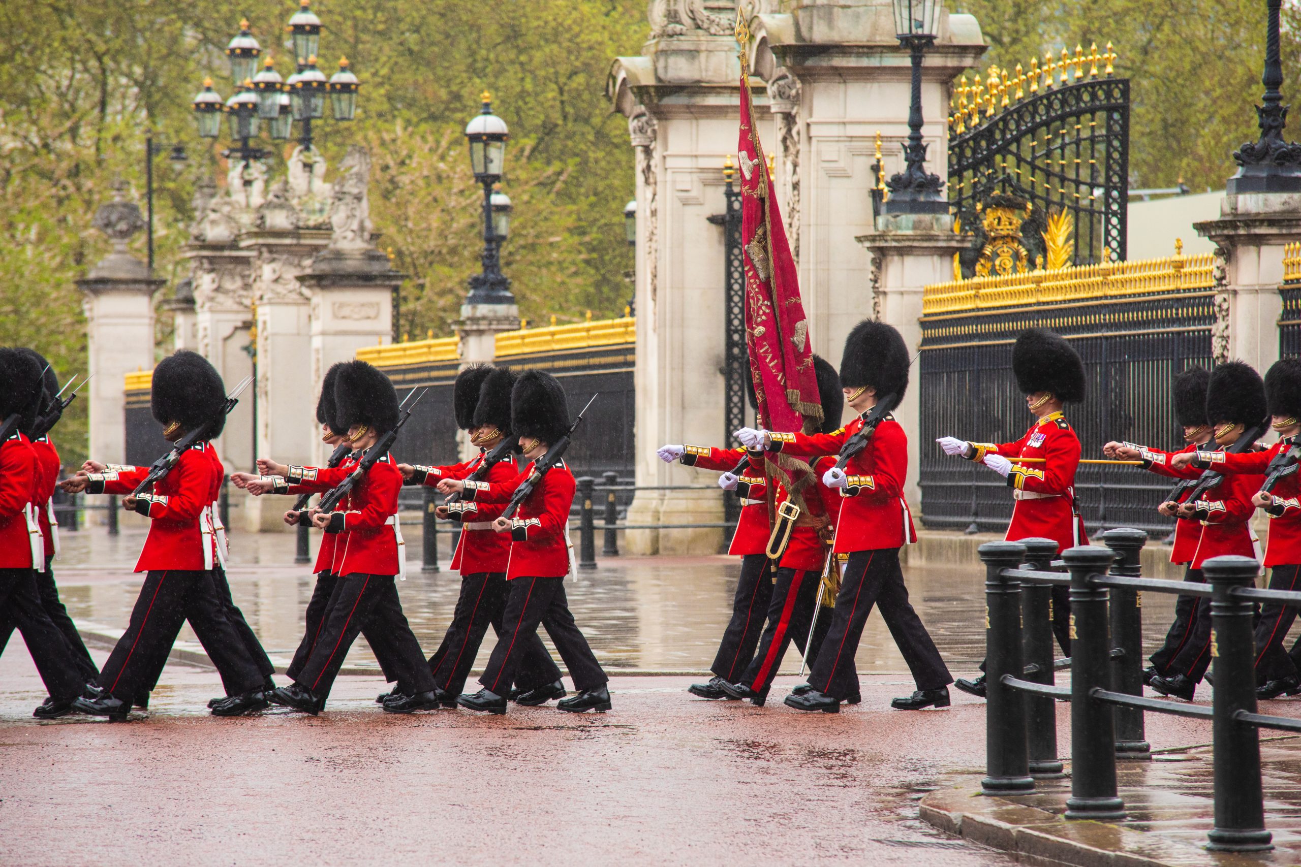 Royal guards march in uniform