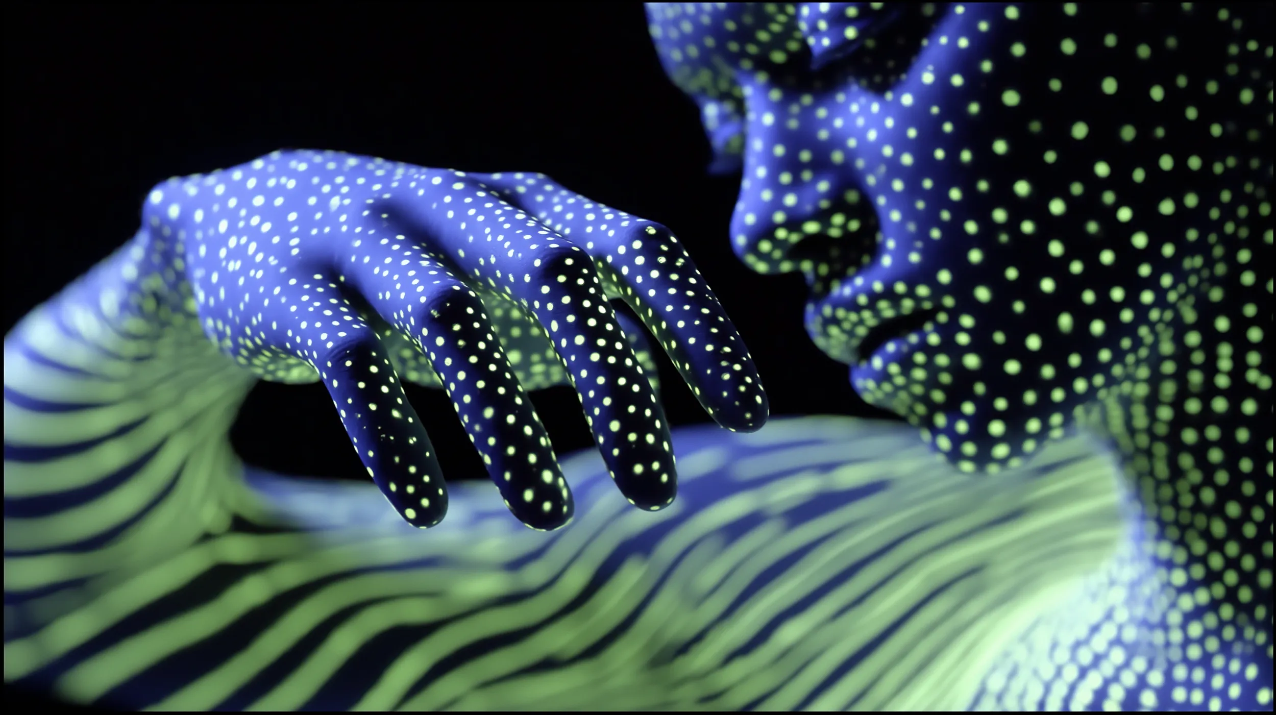 Stylistic image of young woman made of neon lights and technology