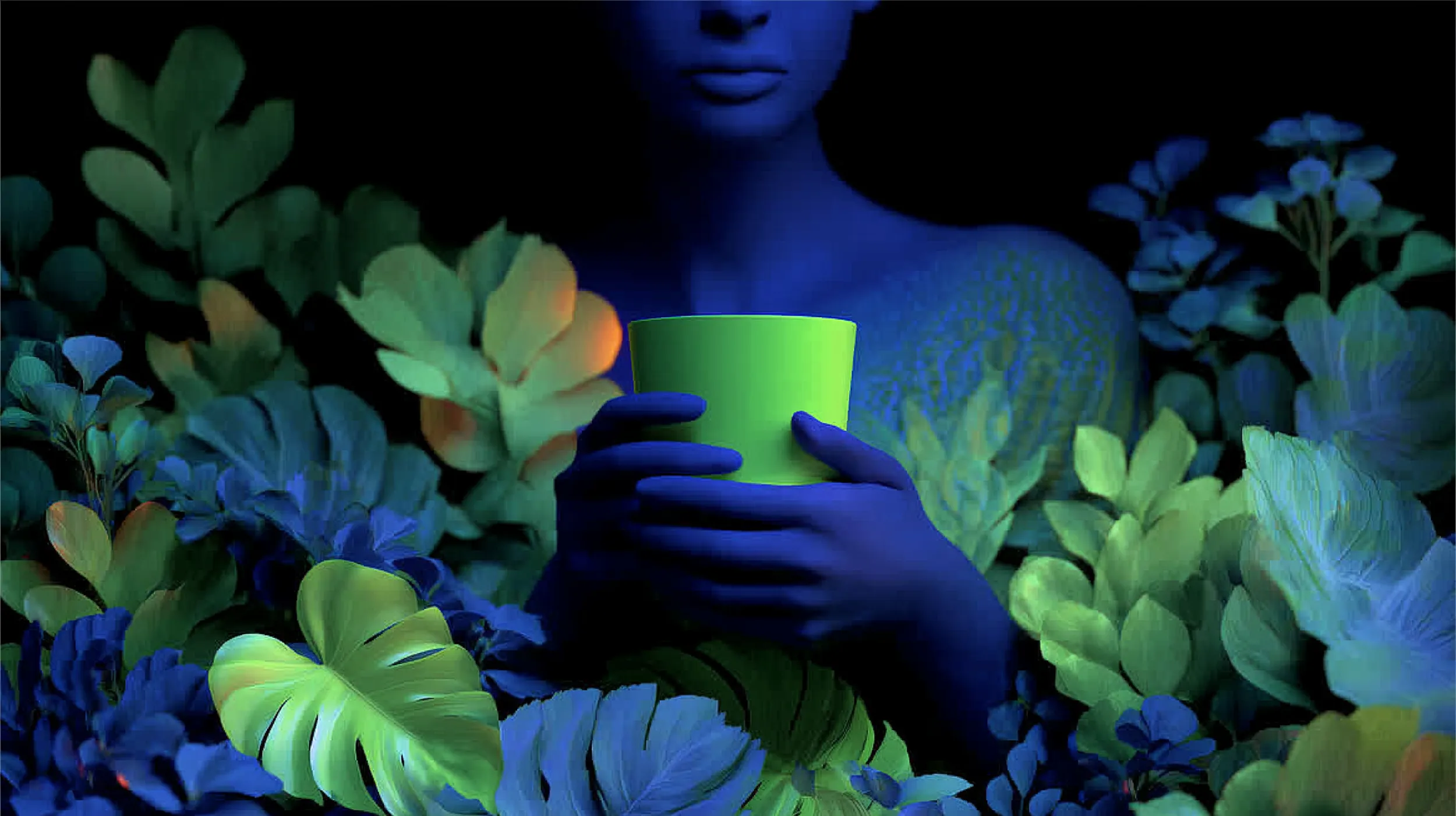 Abstract image of a person holding a cup among leaves
