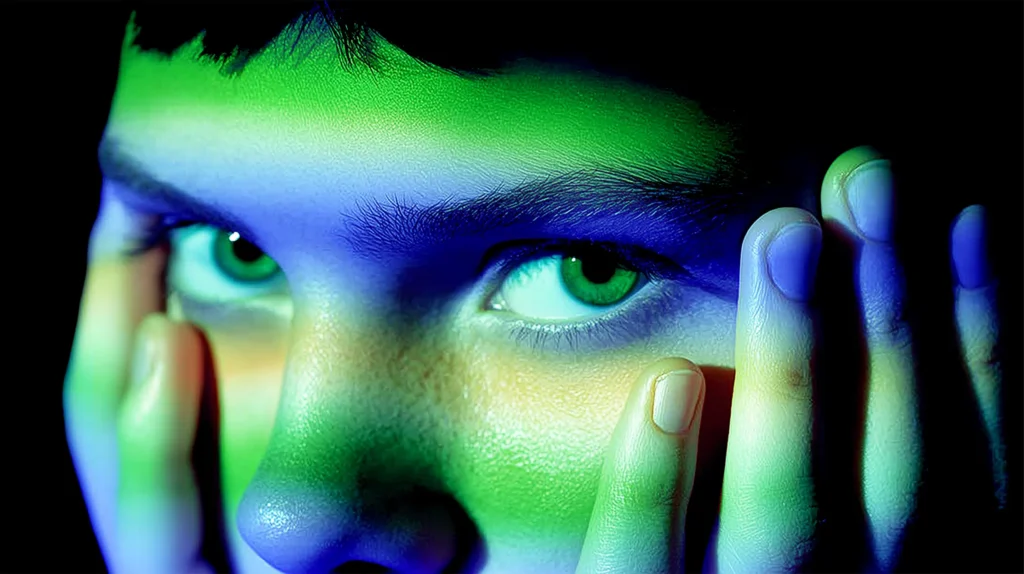 A pair of human eyes with hands raised to temples