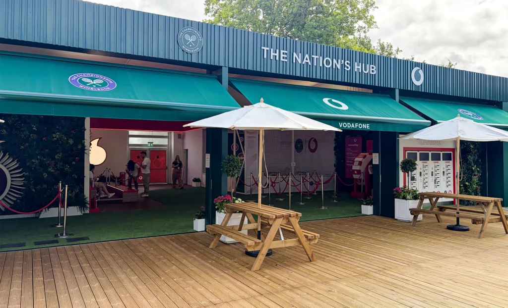 Exterior of The Nations Hub at Wimbledon with Vodafone event spaces