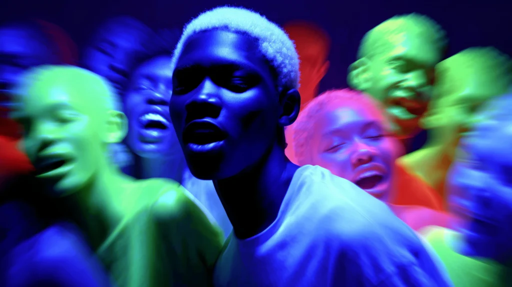 AI-generated image of a motion-blurred crowd in blue, green and red light, with one person in sharp focus at the centre