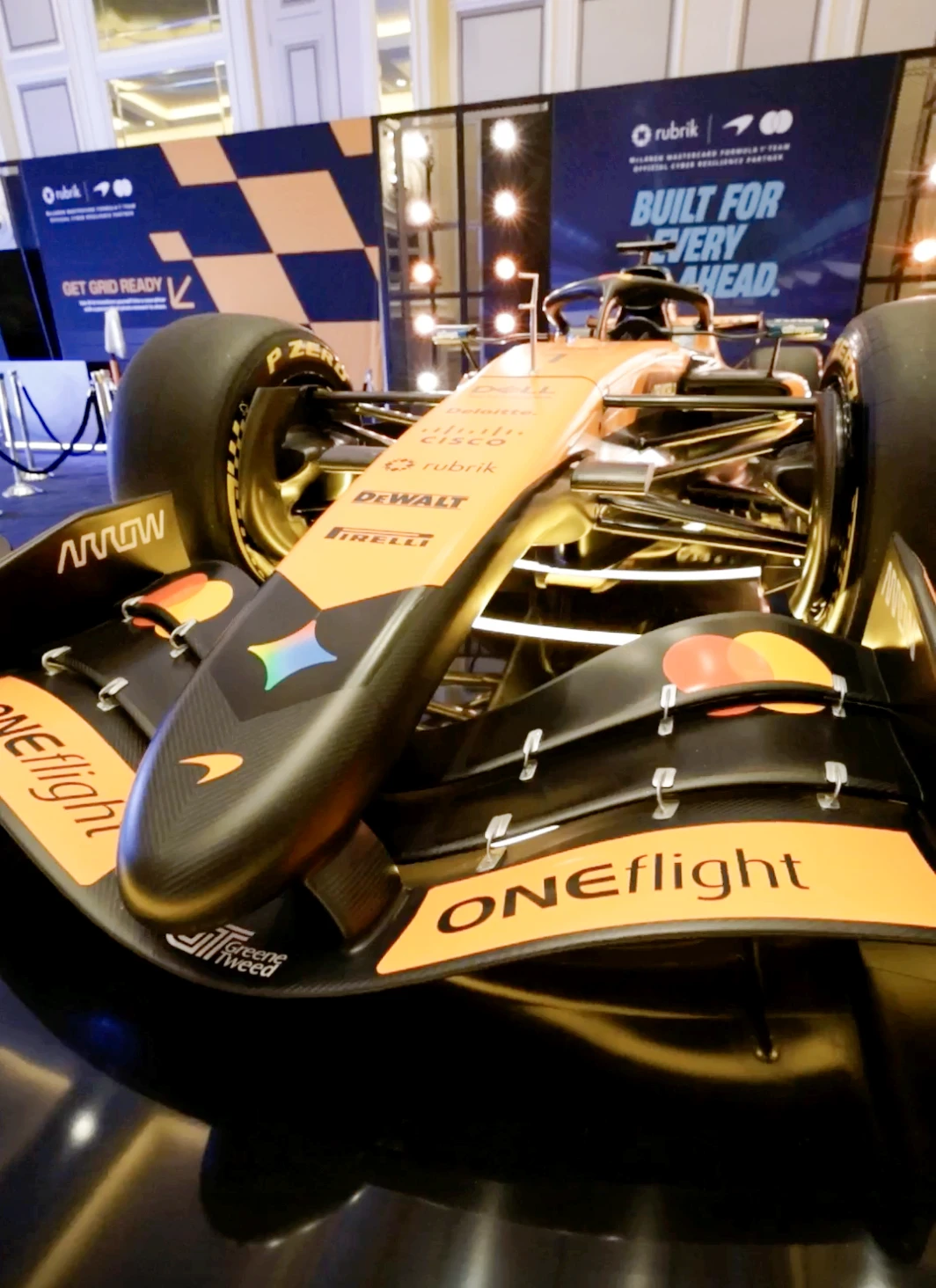 Close-up of a McLaren Formula 1 car displayed at Rubrik Forward 2026